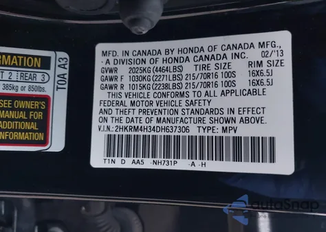 2013 Honda Cr-V Lx from USA, damaged, VIN 2HKRM4H34DH637306